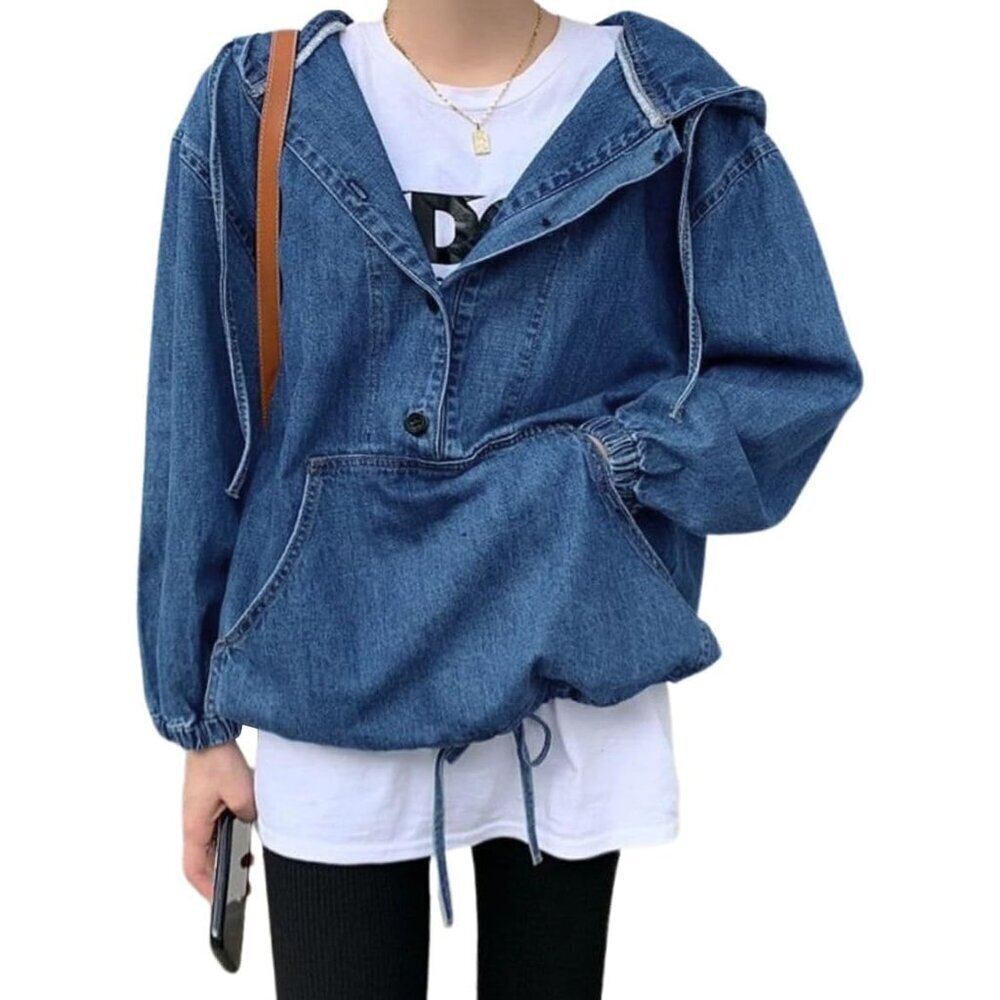 Women Denim Hoodie Jacket Casual Long Sleeve Pullover Plus Size